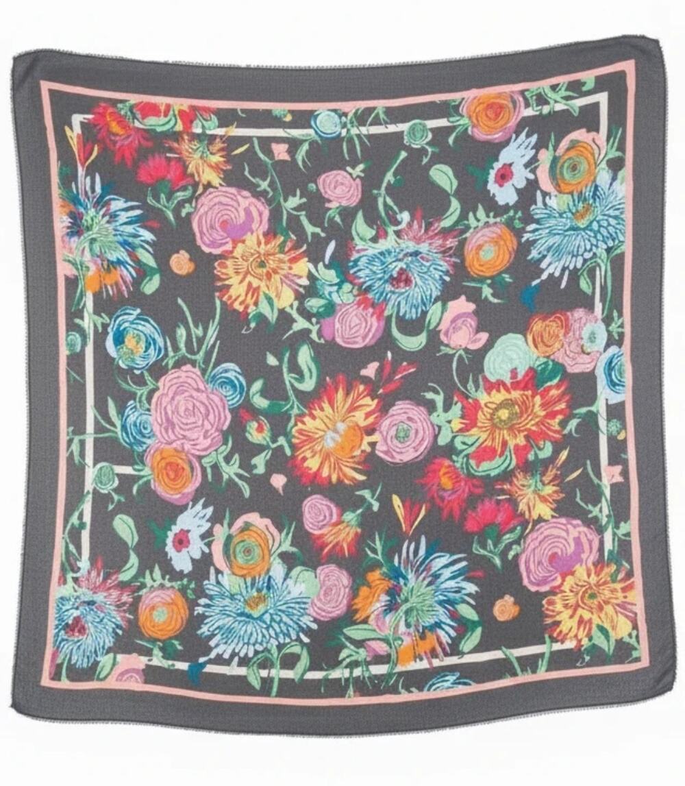 Pauline Floral Scarf Gray Polyester Abstract Print Frayed Edge Wrap NWT 50x53